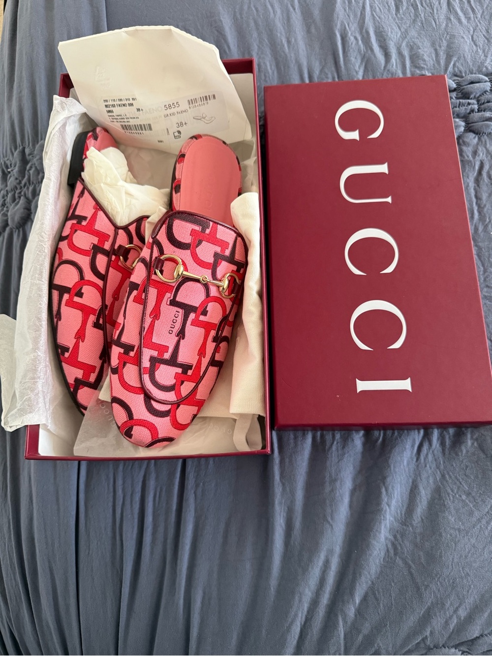 Gucci Pink and Red Logo Horsebit Mules